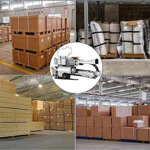 Portable Pneumatic Baler For Steel And Plastic Strapping Lightweight Warehouse Packing Machine in a busy packing area with various boxes.