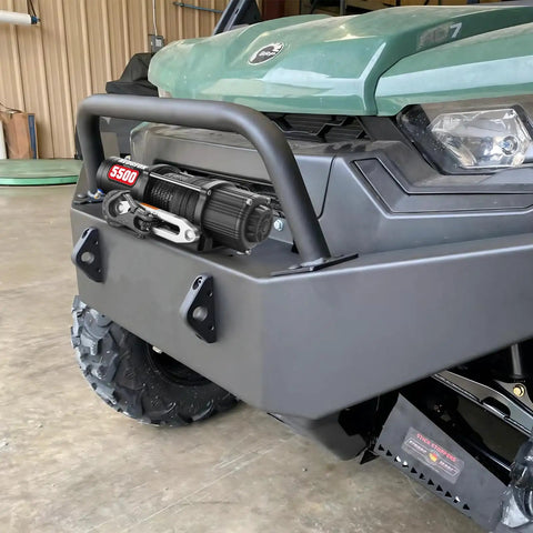 Heavy Duty 5500 Lb Electric Winch For Atv Utv With 12 Volt Motor mounted on front of ATV, featuring synthetic rope and remote control.