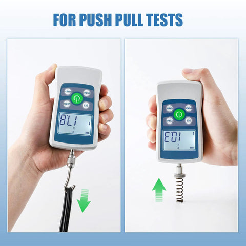 Digital Push Pull Force Gauge 500N With Real Time Peak And First Peak Modes Reads In N Lb Kg Oz With 0.1N Resolution Auto Shutoff 2 AAA Batteries Included Max Load 50Kg 110Lb 1800Oz Four Units Display For Precise Tension And Pull Tests. hand-held force gauge for push pull tests