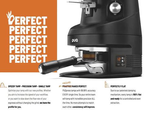 Calibrated Automatic Espresso Tamper Always Nailing The Perfect Shot With Adjustable Pressure Settings Fits Fiorenzato F64 58mm Portafilter Black Smooth Operator Game Changer close-up with screen and lever.