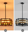 5 Light Metal Drum Chandelier With Wood Grain Shade, Round Pendant Ceiling Light For Kitchen Island And Dining Room, lit and unlit view