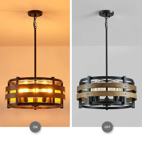5 Light Metal Drum Chandelier With Wood Grain Shade, Round Pendant Ceiling Light For Kitchen Island And Dining Room, lit and unlit view