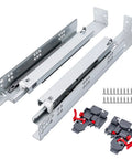 Heavy Duty Undermount Drawer Slides 21 Inch Soft Close Cabinet Runners with hydraulic damping and accessories.