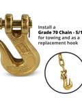G70 Five Sixteenth Inch Chain Hook Pack Of Four Heavy Duty Clevis Grab Hooks, close-up view showing hook and chain installation