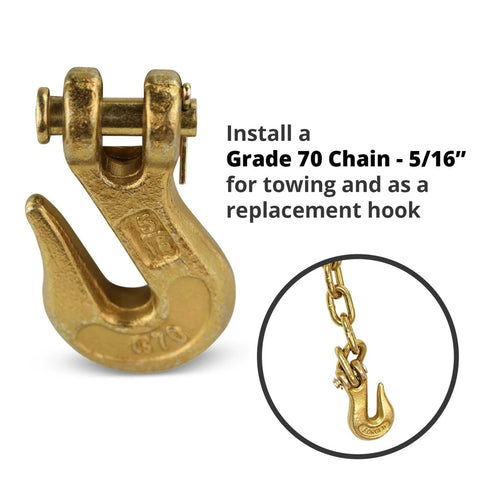 G70 Five Sixteenth Inch Chain Hook Pack Of Four Heavy Duty Clevis Grab Hooks, close-up view showing hook and chain installation