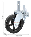 Heavy Duty Iron Core Swivel Casters 8 Inch Set Of Four With Dual Locking Brakes Tough As Nails Polyurethane Treads 1100 Lbs Load Each Smooth Rolling Threaded Base Mount close-up view showing locking mechanism and rubber tire.