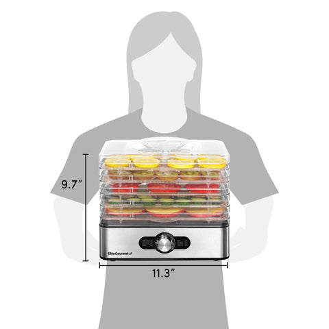 Kitchen Workhorse Food Dehydrator Featuring Durable Stainless Steel Trays And Adjustable Temperature Dials, showcasing stacked fruit slices.