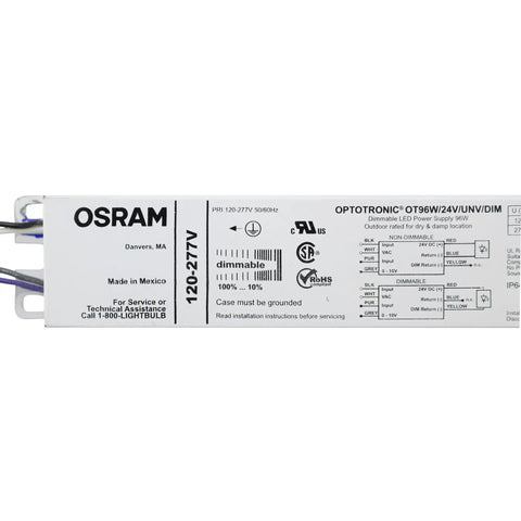 Constant Voltage LED Power Supply 96W 24V DC Dimmable, No-Fuss Outdoor Damp Rated Driver with labels and connection diagrams