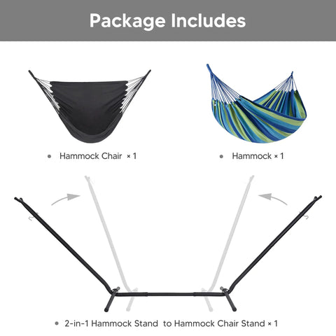2 In 1 Hammock Chair With Stand For Relaxation Heavy Duty 475 Lbs Capacity Convertible Two Person Hammock Set In Blue Stripe