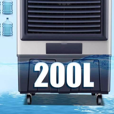 Heavy Duty Portable Evaporative Air Cooler With Three Speed Settings And Built In Water Tank, 200L water capacity, suitable for workshop use.
