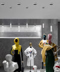 Upgrade Your Kitchen Or Bar With These Slick Chrome Led Bubble Crystal Pendant Lights Featuring Simple 3Cct Color Switches And Timeless Modern Designs Solid 3 Pack Gear For Effortless Ambient Glow in a stylish display above mannequins.