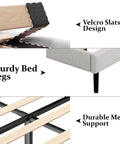 Built Heavy Duty Queen Bed Frame With Upholstered Wingback Linen Headboard Easy Assembly Platform Bed Wooden Slat Support No Box Spring Needed Rock Solid Bedroom Foundation Sand showing Velcro slats, sturdy legs, and metal support.
