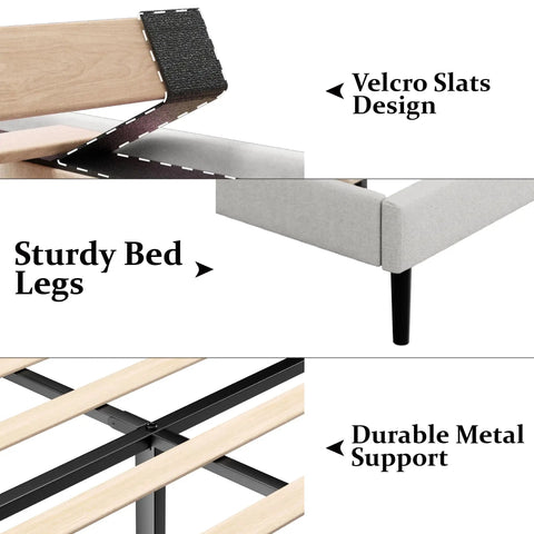 Built Heavy Duty Queen Bed Frame With Upholstered Wingback Linen Headboard Easy Assembly Platform Bed Wooden Slat Support No Box Spring Needed Rock Solid Bedroom Foundation Sand showing Velcro slats, sturdy legs, and metal support.