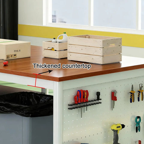 Heavy Duty Battle Ready Double Layer Stainless Steel Workbench With Pegboard Backsplash And Roomy Prep Desk showing thickened countertop and tool storage.