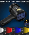 Beast Bright 2,000,000 Lumens Rechargeable Spotlight With Solar USB Dual Charging Handheld LED Spot Light COB Light And 3 Color Filters