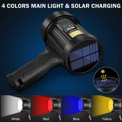 Beast Bright 2,000,000 Lumens Rechargeable Spotlight With Solar USB Dual Charging Handheld LED Spot Light COB Light And 3 Color Filters
