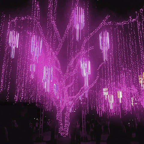 Purple Meteor Shower Rain Lights 192 LED Icicle Strings 8 Tubes Outdoor Christmas Lights on tree, falling snow effect