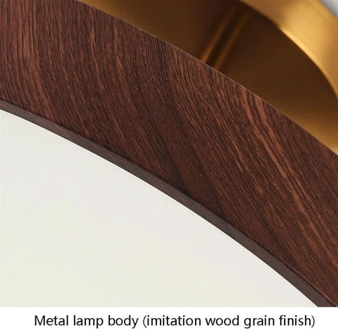 Japanese Style Led Close To Ceiling Light Fixture With Imitation Wood Grain Texture And Sleek Metal Ring For Warm Entryway Hallway Vibes Total Space Upgrade showing close-up of metal lamp body and wood grain finish.