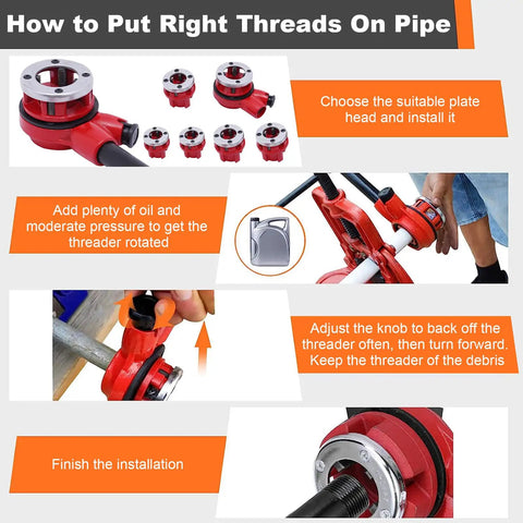 Heavy Duty Portable Ratchet Pipe Threader Kit With 5 Dies For 3/8 To 1-4 Inch Npt Threading, instruction image for installing threader heads.