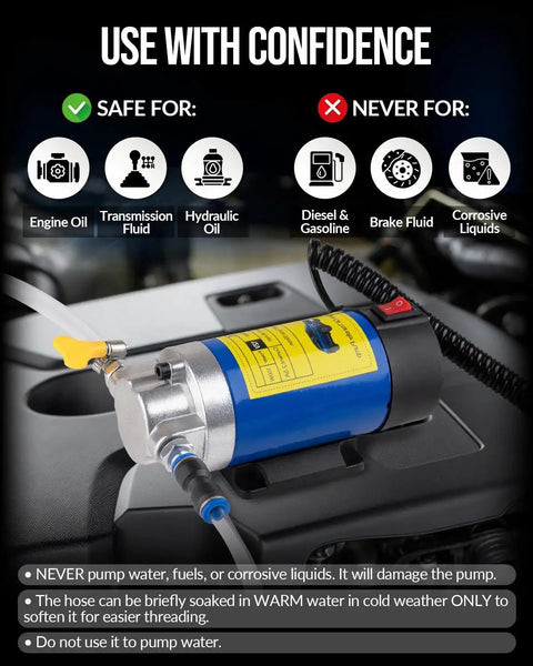 Badass 12 Volt Electric Oil Extractor Pump For Faster Engine And Transmission Fluid Siphon Directly Through Dipstick Tube With Zero Messy Spills On Every Car Truck And Boat Garage Job, showing safety use guidelines.