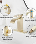 Brushed Gold Waterfall Bathroom Faucet Deck Mount Single Handle 4 Inch Install With 6.5 Inch Cover Plate Vanity Sink Faucet No Drip Ceramic Disc Cartridge Easy Install details with water spout, ceramic valve, and brass finish.