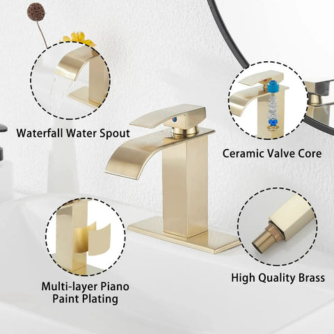 Brushed Gold Waterfall Bathroom Faucet Deck Mount Single Handle 4 Inch Install With 6.5 Inch Cover Plate Vanity Sink Faucet No Drip Ceramic Disc Cartridge Easy Install details with water spout, ceramic valve, and brass finish.