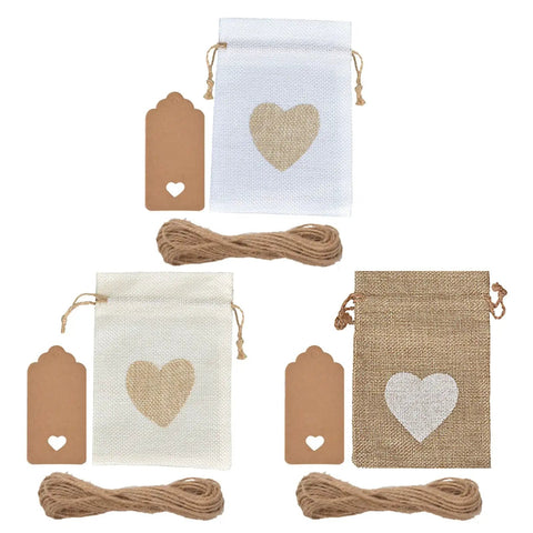 Assorted Burlap Jewelry Pouches Set Of 51 Small Gift Bags For Weddings And Special Occasions with heart design and tags