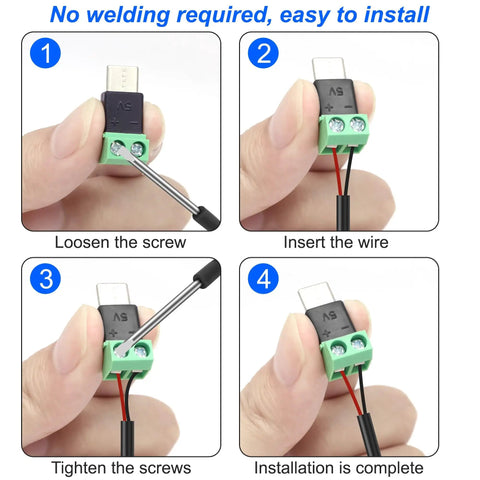 Steps to connect USB Type C Solderless Connector Screw Terminal Adapter USB C Male To 2 Pin Terminal Block 5V Power Output