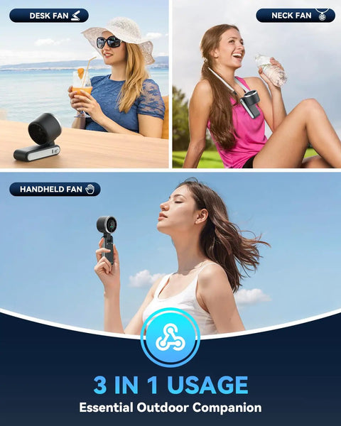 Portable Handheld Turbo Fan With Five Gear Wind USB C Rechargeable Power Up To 12 Hours Of Beat The Heat On The Go Cool Air 3 In 1 Air Turbo Tech Cooling For Outdoor Activities Travel Beach Black, shown in various uses including desk, neck, and handheld modes outdoors.