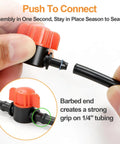 Close-up of 25 Pack One Quarter Inch Drip Irrigation Shut Off Valves Easy Install Inline Water Flow Control for 1/4 tubing