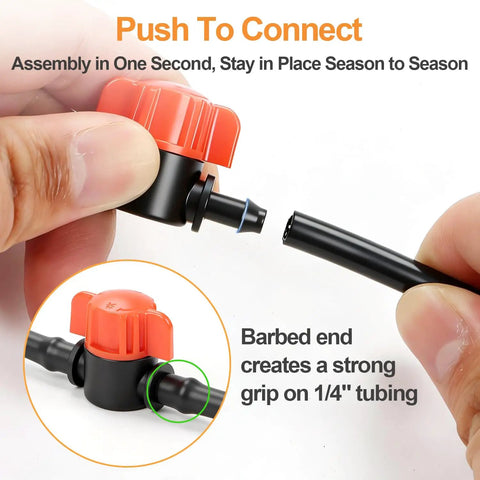 Close-up of 25 Pack One Quarter Inch Drip Irrigation Shut Off Valves Easy Install Inline Water Flow Control for 1/4 tubing