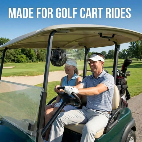 Magnetic Base Golf Cart Portable Fan, Rechargeable Battery Powered, 3 Speeds for Strong Airflow on cart with golfers