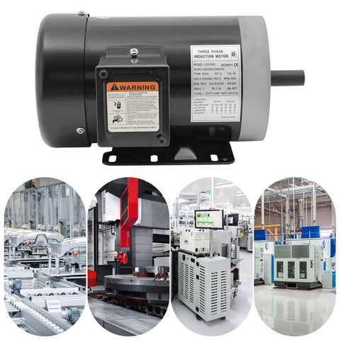 Shop Ready 2Hp Three Phase Electric Motor, 3450Rpm Tefc Industrial Equipment Driver, 230Volt 460Volt with a rugged steel frame.