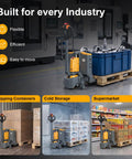 ApolloLift Heavy Duty Electric Pallet Jack 4400 Lb Capacity With 48 X 27 Forks, shown moving goods in various industry settings.