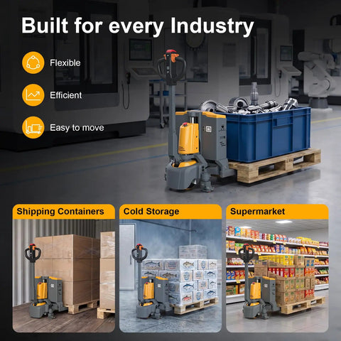 ApolloLift Heavy Duty Electric Pallet Jack 4400 Lb Capacity With 48 X 27 Forks, shown moving goods in various industry settings.