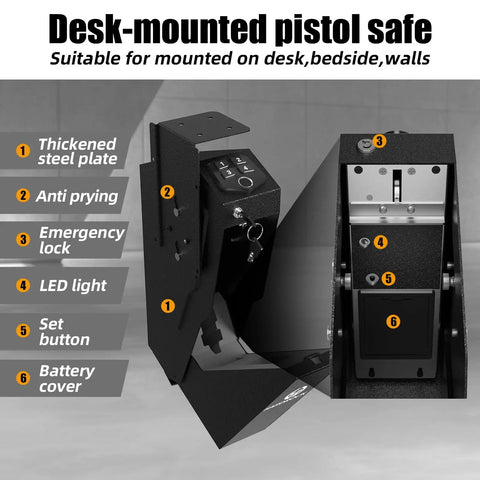 Heavy Duty Biometric Pistol Safe Featuring Quick Grab Drop Down Access Slick Wall Mount Design Solid Steel Build Fingerprint Keypad Lock showing interior features and functions.