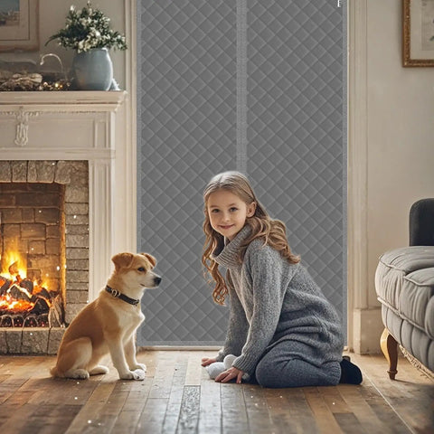 Gray Magnetic Thermal Door Curtain Insulated Front Door Cover Fits 32x80 Inch Doors Quilted Oxford Fabric with girl and dog