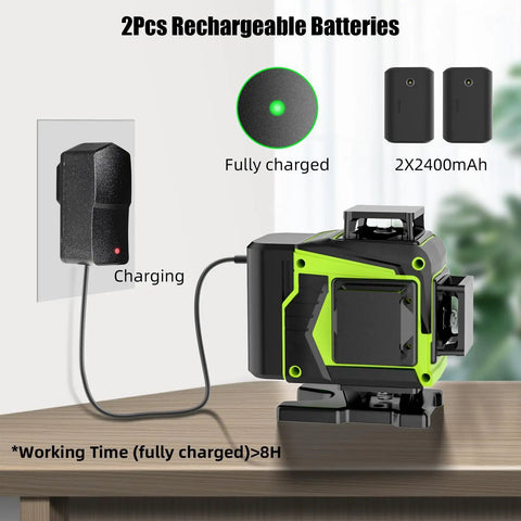 Pro-Grade 4x360 Degree Green Laser Level With Self Leveling, 16 Line Cross Line Laser Tool charging with batteries