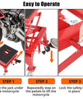 Steps to use Heavy Duty Hydraulic Motorcycle Lift Table With 350 Lb Capacity Wide Deck Foot Operated Jack J Hooks Four Wheels.