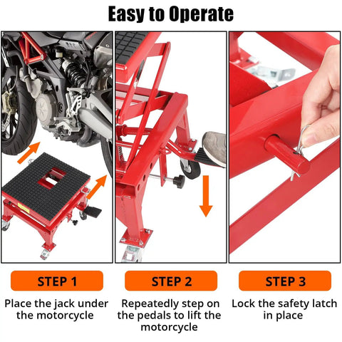 Steps to use Heavy Duty Hydraulic Motorcycle Lift Table With 350 Lb Capacity Wide Deck Foot Operated Jack J Hooks Four Wheels.