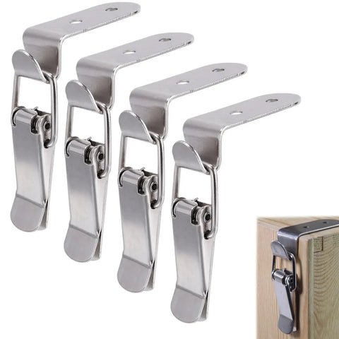 90 Degree Spring Loaded Latch Set 4 Pcs Stainless Steel Toggle Clamps shown with clasp buckle on wooden box corner