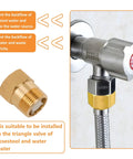 Brass 3/4-inch check valve, female to male thread; close-up brass fitting and installed valve on braided hose.