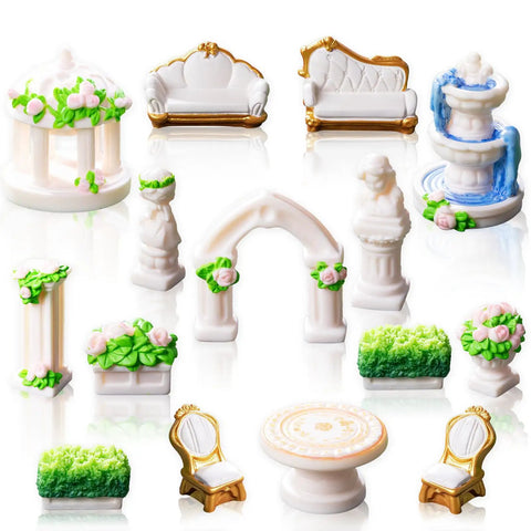 Image showcasing 15 Pcs Mini Garden Furniture Ornaments Set For Do It Yourself Fairy Garden And Micro Landscape Decor Totally Durable Resin Patio Table Chair Bench Arch Fountain Statues Set.
