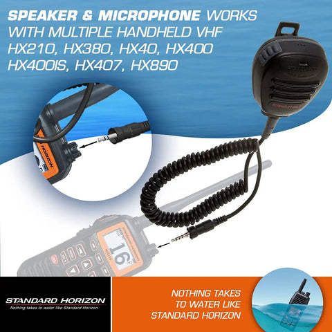 STD-CMP460 Speaker Mic For Most Handheld VHF Radios, rugged clip-on microphone, black design, coiled cable, PTT button