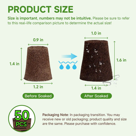 50 Pack Round Hydroponic Growth Sponges For Seed Germination And Plant Rooting In Indoor And Outdoor Gardens, size comparison before and after soaking.
