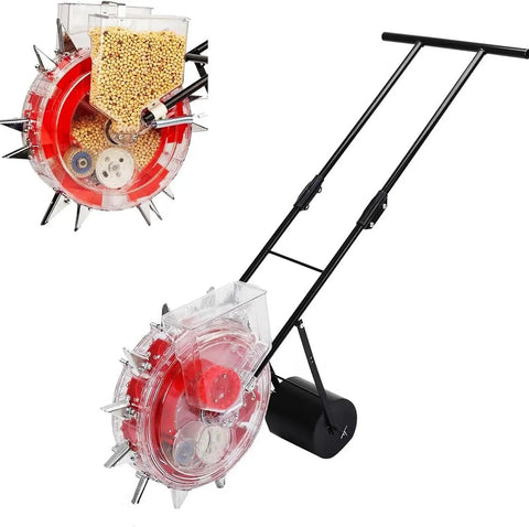 Manual Garden Seeder Hand Push With Precision Roller Seeding And Fertilizer Applicator, heavy iron beak, six-hole distributor.