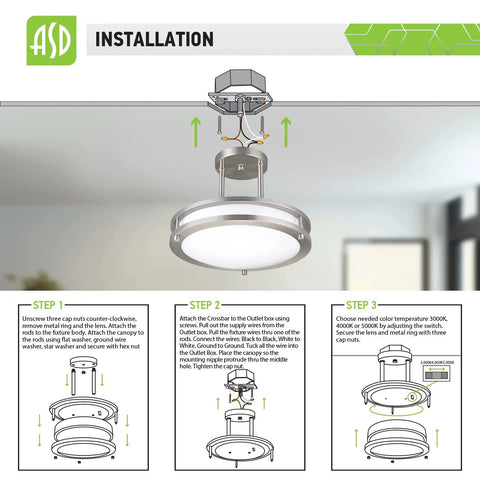 Cool Modern Steel Round Semi Flush Mount LED Ceiling Light Fixture installation steps with diagrams and instructions