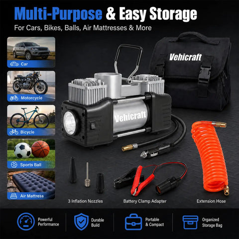 This slick 12V Tire Inflator Is A Total Game Changer With Its Fast Dual-Cylinder Pump That Delivers Up To 150 PSI Of Rock Solid Air Pressure For Your Car, Truck, SUV Or RV Making It The Ultimate Portable Emergency Tool Everyone Needs