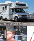 RV water heater thermal cutoff kit, 5-pack; front exterior view of RV with kit components and wiring close-ups.
