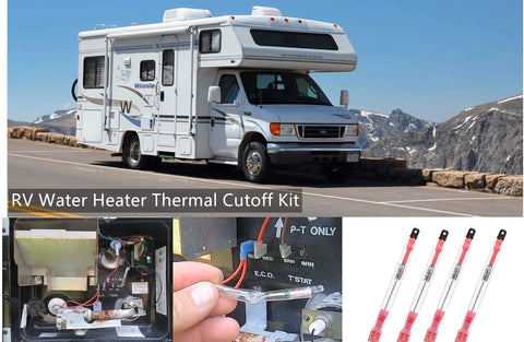 RV water heater thermal cutoff kit, 5-pack; front exterior view of RV with kit components and wiring close-ups.